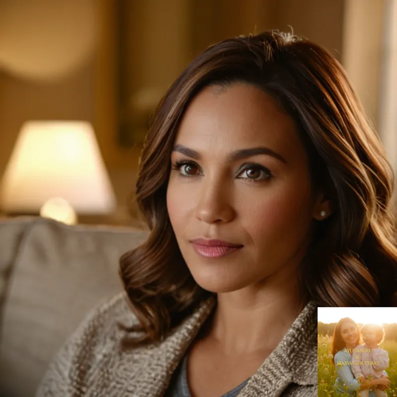 The image should show: A young single mother in her mid-30s sitting on the couch of her small but cozy living room, surrounded by family photos and children's toys, gazing proudly at a large folder or portfolio detailing her home savings plan on the coffee table.