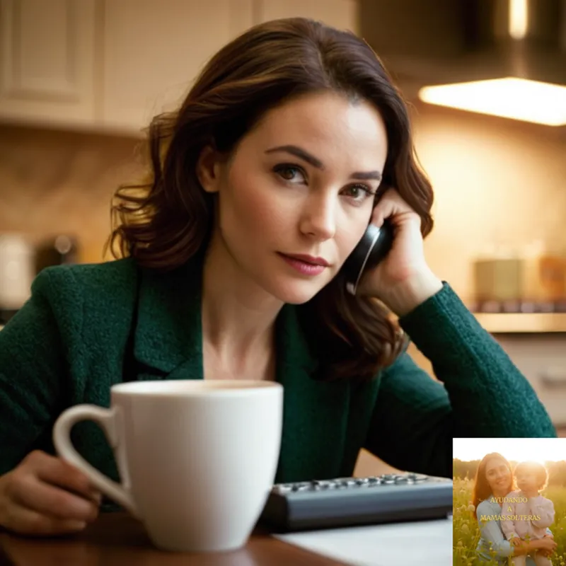 The image should show a young adult woman in her early thirties sitting at a kitchen table, surrounded by financial documents and calculators, sipping coffee from a ceramic mug while reviewing a budget template on her laptop, set against a warm and minimalist background.