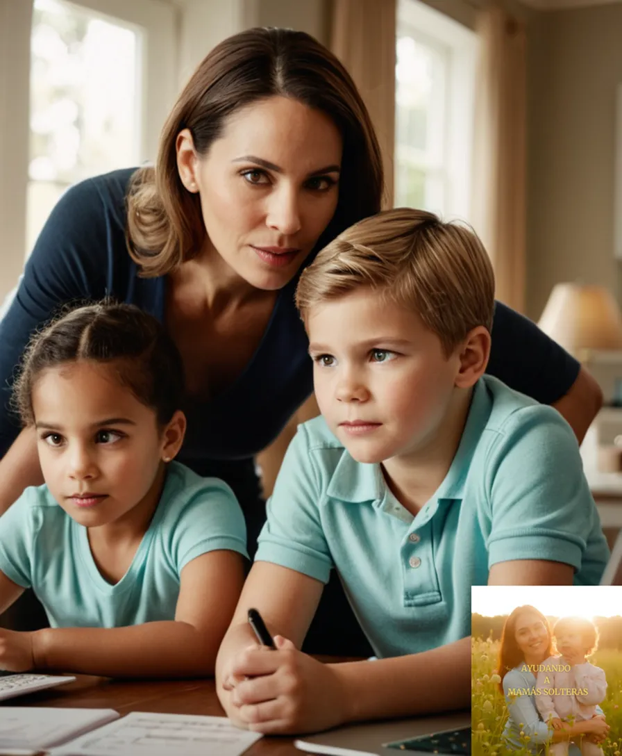 The image should show: A single-parent family of three sitting in their cozy living room, a laptop open on a coffee table displaying a budgeting spreadsheet as the mother carefully explains financial planning to her two children, who are engaged and listening intently while the father works remotely from a nearby desk.