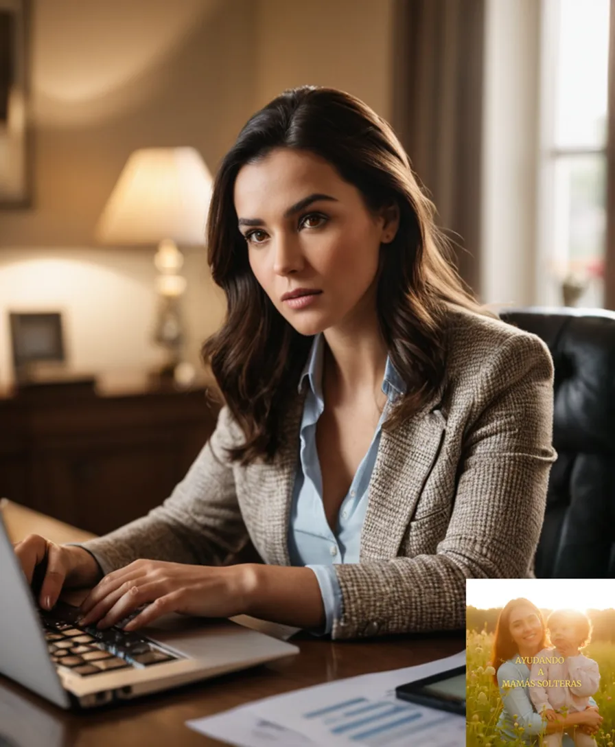 The image should show a young adult woman in her mid-twenties, with long dark hair and brown eyes, sitting at a cluttered desk in a modest living room, surrounded by financial documents and a laptop, looking determined and focused on a digital budget spreadsheet on the screen in front of her.