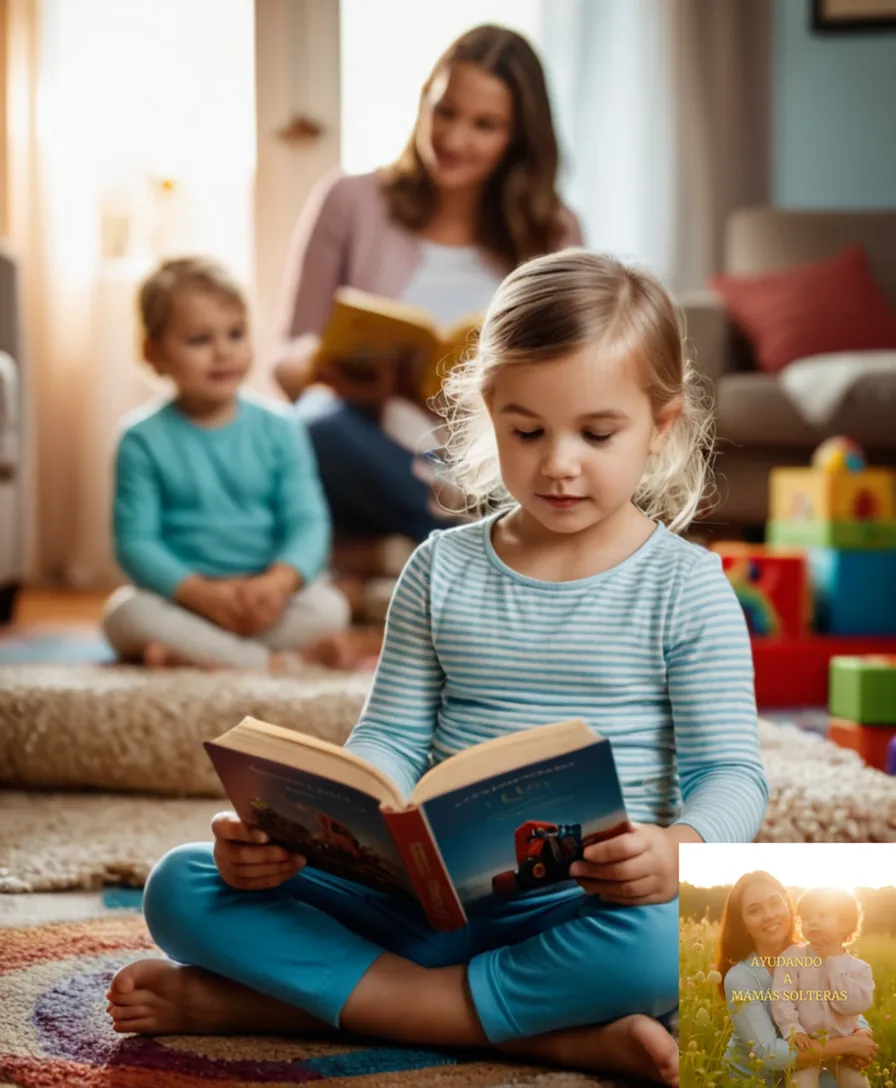 The image should show: A warm and tender mother sitting with her two young children sitting on a colorful rug in a cozy living room, surrounded by family photos and toys, while one child builds with blocks nearby and the other reads an illustrated book, capturing the essence of the everyday chaos and unconditional love in this authentic domestic scene.