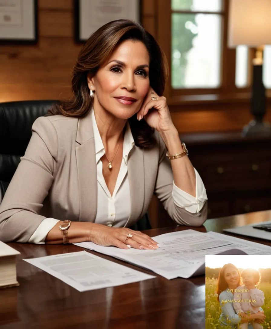 The image should show a warm and inviting photograph of a middle-aged Latina woman, dressed in casual yet elegant attire, sitting at a wooden desk surrounded by financial documents, investment brochures, and a laptop screen displaying a stock market graph, all situated in a modest but serene home office with natural light pouring through the window.
