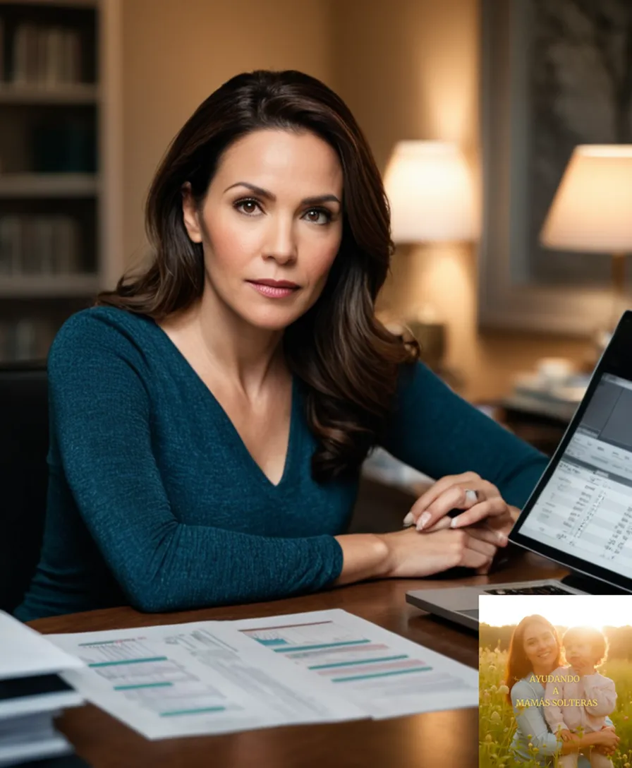 The image should show a determined-looking single mother in her mid-30s, sitting at a cluttered desk in her modest home office, surrounded by stacks of financial documents and bills, while gazing intensely at a laptop screen displaying a budget spreadsheet.