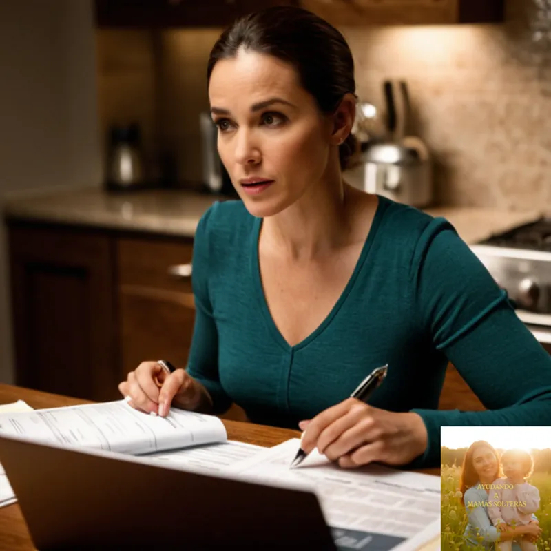 The image should show a single mother in her mid-30s sitting at a cluttered kitchen table, surrounded by financial documents, bills, and a laptop screen displaying a spreadsheet; she looks focused but worried as she reviews her budget.