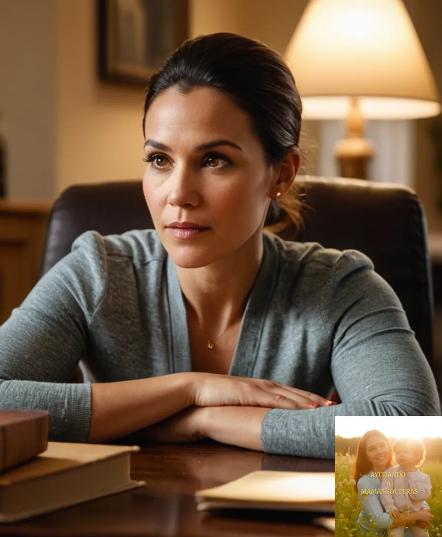 The image should show: a single mother in her mid-30s, sitting at a small wooden desk in a modest living room, surrounded by family photos and children's artwork, while cradling her sleeping infant on her lap, as she gazes at a financial planning booklet with a look of determination.