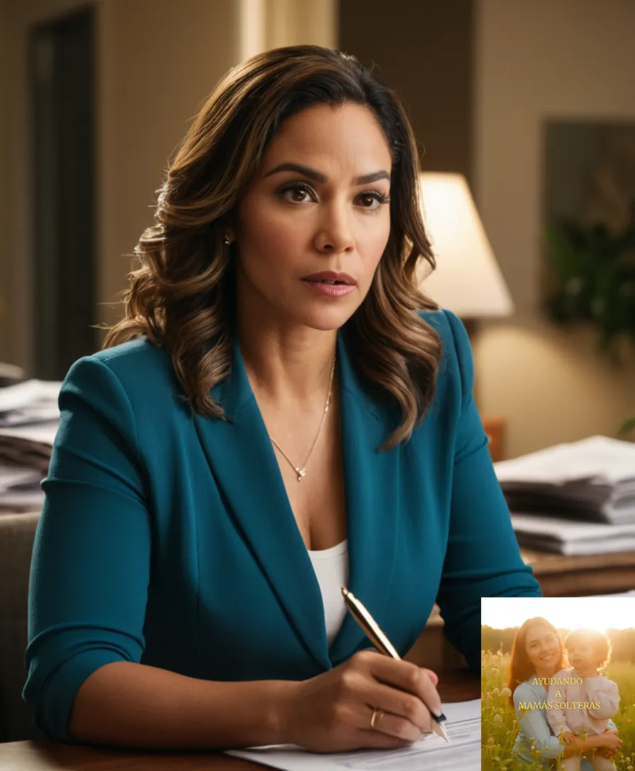 The image should show a young Latina single mother in her mid-30s, sitting at a desk amidst a modest living room with a glimpse of a messy nursery behind her, surrounded by stacks of unpaid bills and financial documents, with a determined look on her face as she carefully fills out a savings plan form.