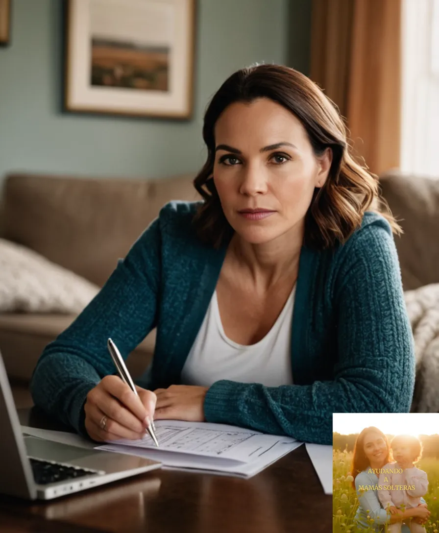 The image should show: A loving mother in her mid-30s, sitting in a cluttered yet cozy living room surrounded by family photos, laundry baskets, and school papers on the couch next to her, as she carefully works on a budget spreadsheet on her laptop while keeping an eye on her two elementary-school-aged children doing their homework nearby.