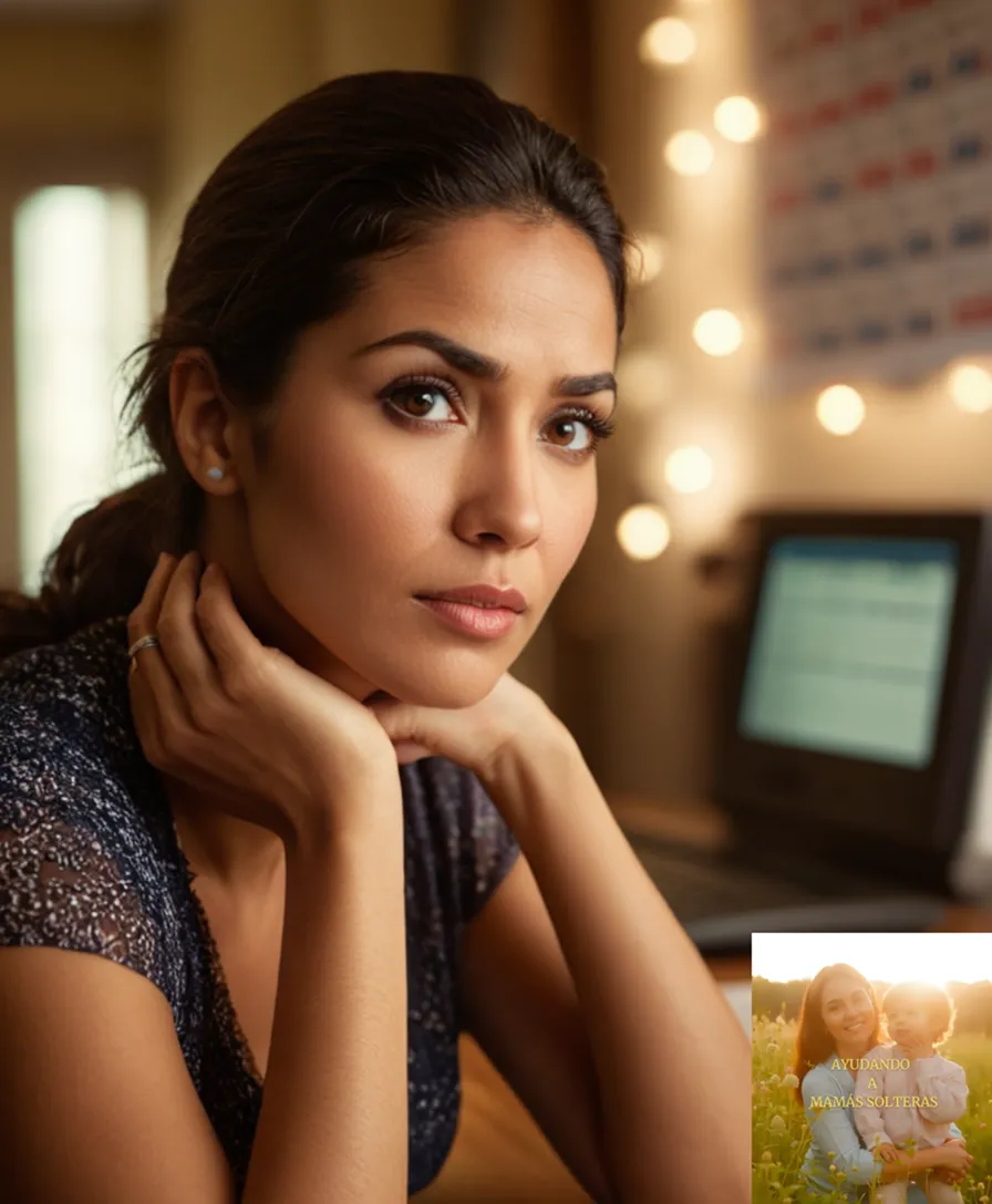 The image should show: A young single mother in her mid-thirties sitting at a cluttered desk, surrounded by notes, invoices, and financial documents, with a worried expression on her face, while a Latino-style calendar hangs visibly over the shoulder or wall behind her.