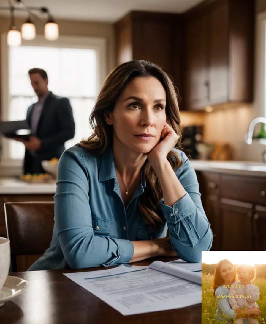 The image should show: A candid photograph of a determined-looking single mother in her mid-30s, sitting at a cluttered kitchen table surrounded by financial documents and planners, with a laptop open in front of her, showcasing a well-organized digital budget spreadsheet on the screen.