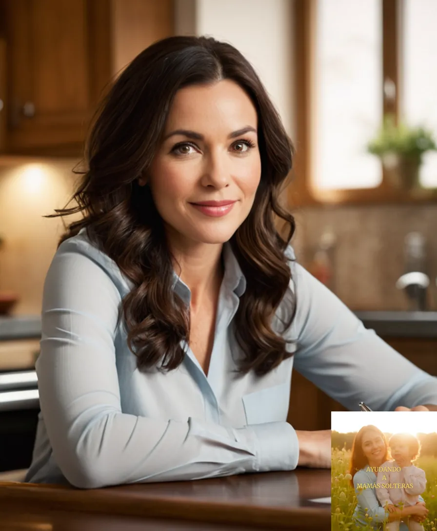 The image should show a determined-looking woman in her mid-30s, with long dark hair and a warm smile, sitting at a cluttered kitchen table surrounded by financial documents and children's toys, looking confident and self-assured as she holds a pen to sign a contract.