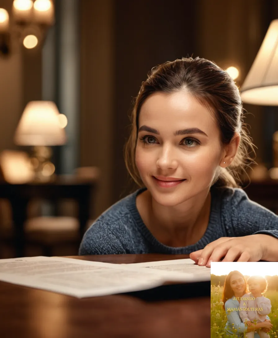 The image should show a strong, determined-looking woman in her 30s or 40s, sitting at a cluttered table with papers and financial documents scattered around her, while smiling softly with a young child (3-5 years old) playing safely on the floor beside her.