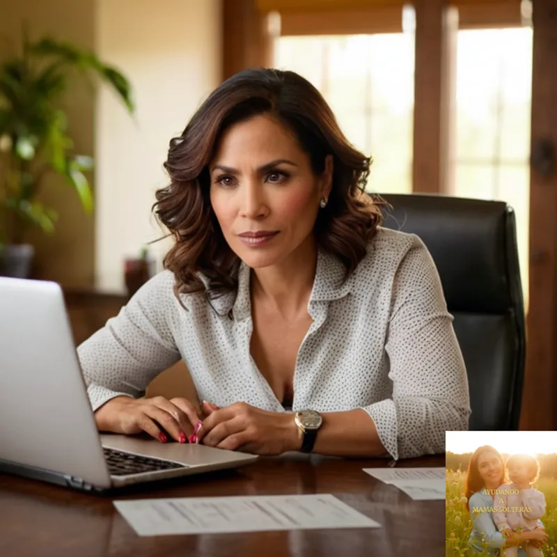 The image should show a thoughtful Latina mother in her mid-30s sitting on a worn wooden table in a modest home, surrounded by financial documents, bills, and a calculator, while looking at a laptop screen displaying a budgeting spreadsheet, conveying determination amidst the clutter.