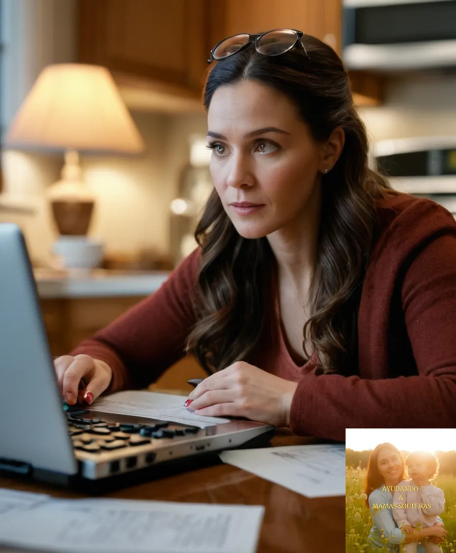 The image should show a determined single mother in her mid-thirties, sitting at a cluttered kitchen table, surrounded by scattered papers, pens, and calculators, looking intently at a financial planning spread sheet on her laptop, while her young daughter plays peacefully nearby.