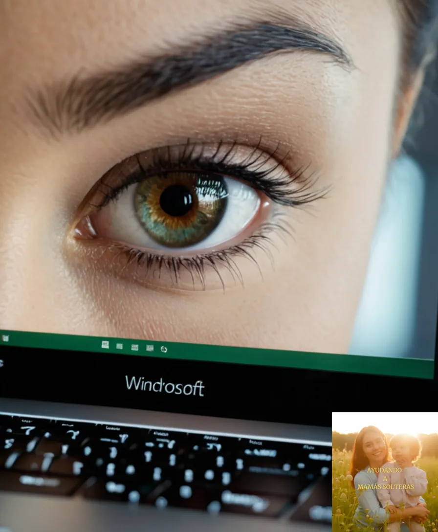 The image should show: A close-up of a laptop screen displaying the Microsoft Excel program in windowed mode on a desktop background, with a faint cityscape visible through the translucent window, surrounded by family-related spreadsheets, charts, and financial statements, cast with warm and inviting soft light.