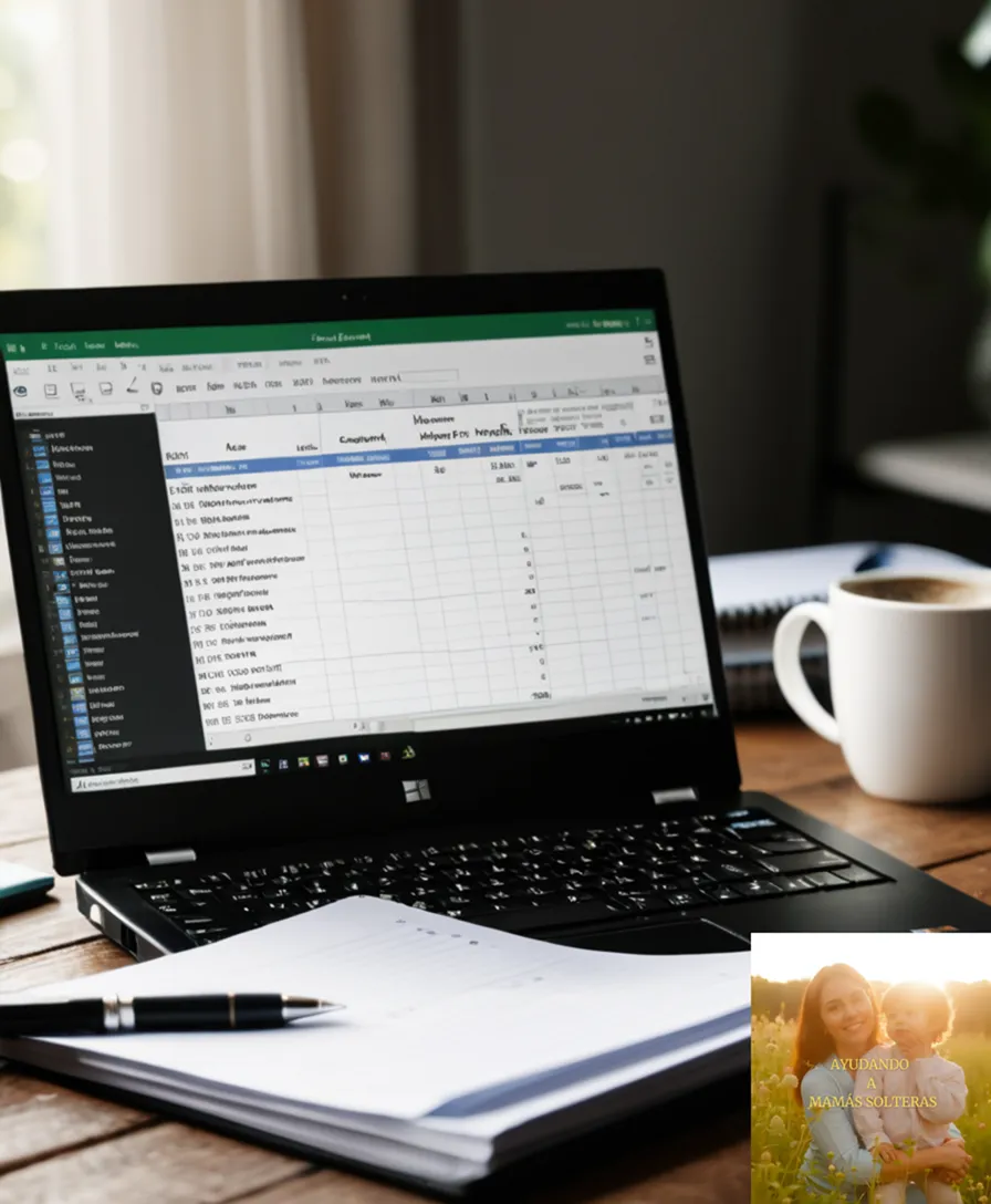 The image should show: A close-up of an open Microsoft Excel spreadsheet on a cluttered wooden desk, surrounded by crumpled receipts, pens, and a coffee cup, with a laptop screen reflecting soft morning light and a calculator partially visible behind a notebook.