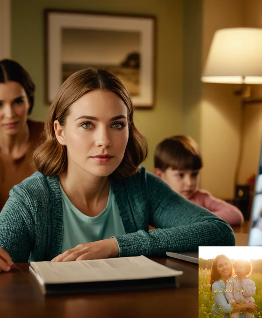 The image should show a cozy living room with a female parent sitting at a cluttered desk in front of a laptop displaying an Excel template titled 