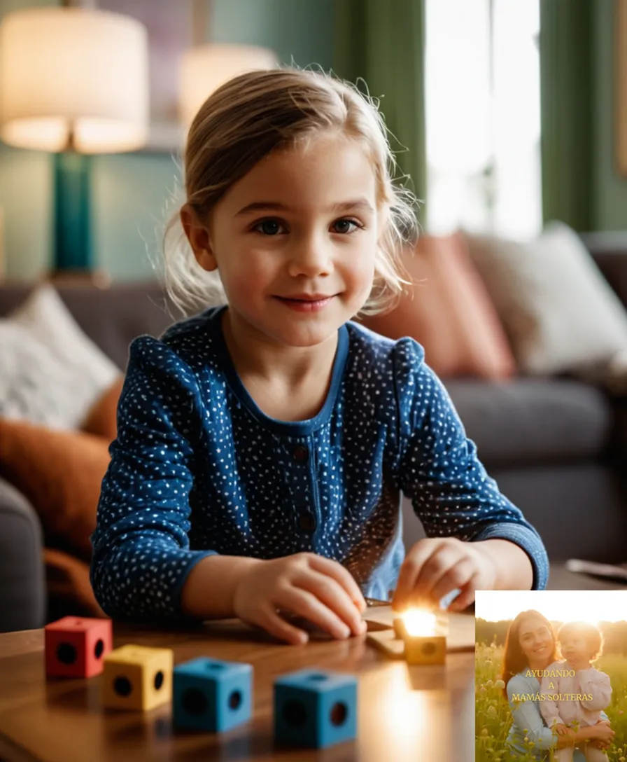 The image should show a warm, sunny living room with a proud single mother seated on a couch in the background, surrounded by family photos, while in the foreground, her young child happily plays with blocks at their feet, amidst colorful art projects and subtle notes scattered across a desk, capturing the nurturing spirit of monoparental love.