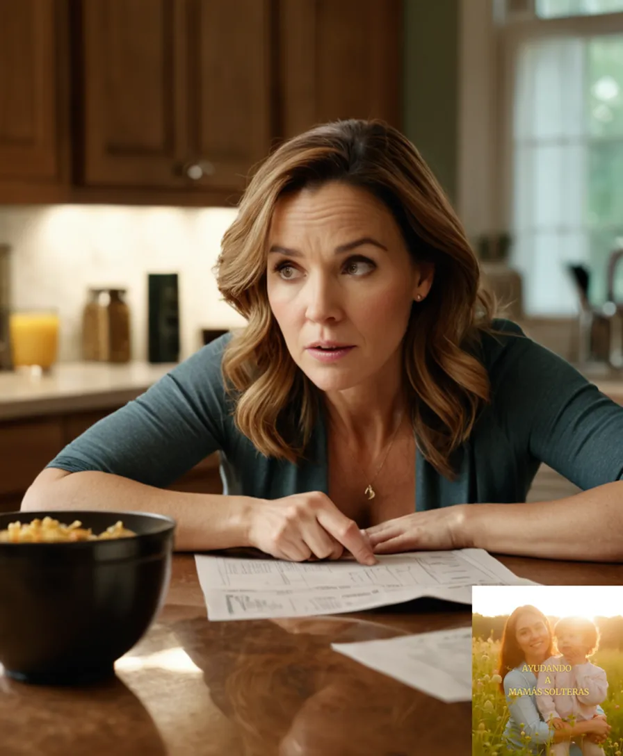 The image should show a solo mother in her early 30s sitting at a cluttered kitchen table, surrounded by unpaid bills, scribbled receipts, and a few messily prepared meals for her children, with tired eyes looking down at a crumpled worksheet attempting to organize her family's expenses.