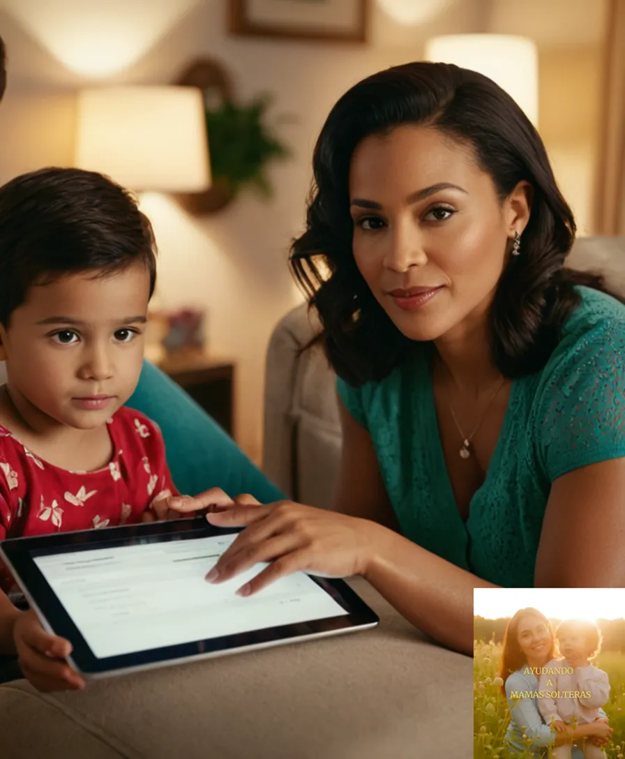 The image should show a warm and inviting living room scene featuring a single mother (mid-30s, multicultural background) surrounded by her children, holding a tablet with an Excel spreadsheet open, amidst a messy yet tidy space with toys and family photos on the walls, under natural soft lighting.