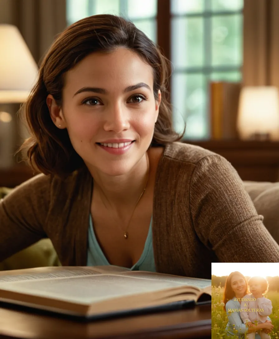 The image should show: A young single mother in her mid-30s sits on a worn couch, surrounded by textbooks, laptops, and financial documents, with a determined expression as she gazes at a framed photograph of her smiling child, who is studying diligently in the background.