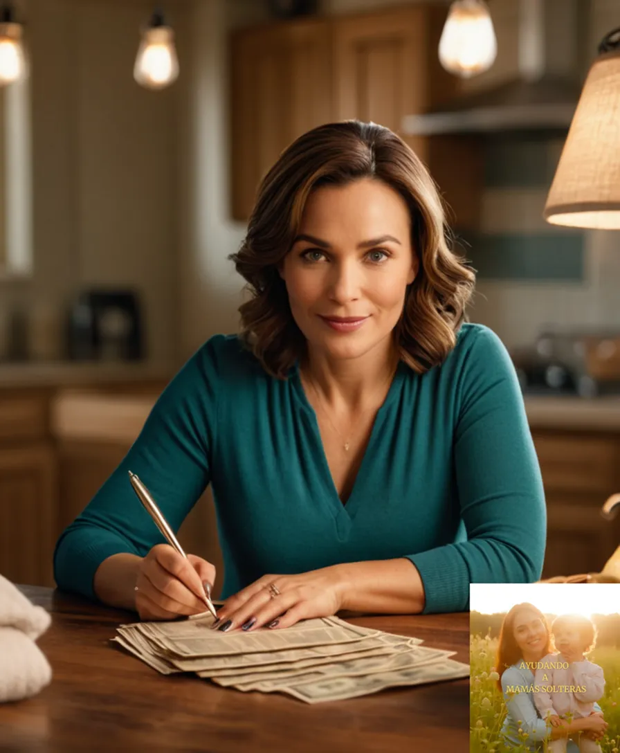 The image should show a warm and intimate family setting featuring a smiling single mother in her mid-30s sitting at a wooden kitchen table surrounded by colorful family pictures, laundry drying on a rack, and a few scattered bills and receipts as she pensively holds a pen calculating their next financial move.