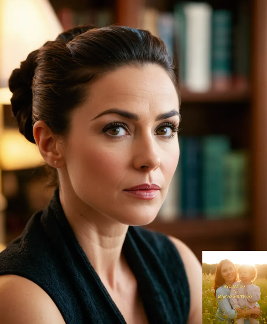 The image should show: A worn but clean-faced woman in her mid-30s, with dark hair tied back and a determined expression, sitting on a brightly colored cushion amidst a cluttered yet tidy living room, surrounded by stacks of cookbooks and budget planners.