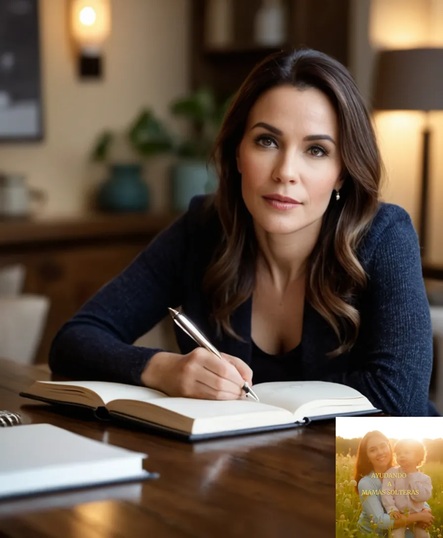 The image should show: A single mother in her mid-30s, sitting at a worn wooden table in a small modestly furnished living room, surrounded by children's toys and books, with a pen grasping a notebook and planner marked with daily budgets and a cup of warm coffee on the tabletop.