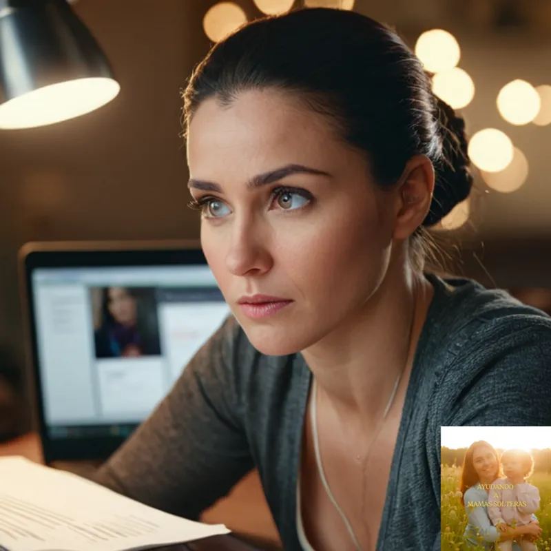The image should show: A tired but determined young mother in her mid-30s sitting at a cluttered desk, surrounded by laptop, smartphones, and scattered papers, her dark hair tied back and her eyes fixed intently on the screen as she navigates a digital budgeting tool.