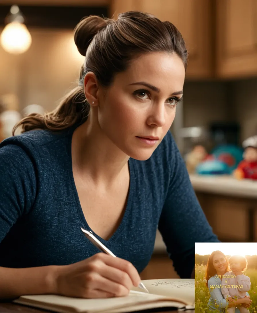 The image should show a middle-aged solo mother seated at a cluttered kitchen table surrounded by children's toys and household items, her messy brown hair tied back in a ponytail as she pens down notes on a worn-out notebook amidst the faint morning light.