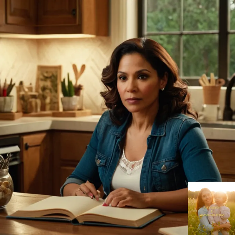 The image should show: A sincere-looking Latina woman in her late 30s, with a warm glow on her face, sitting at a cluttered but organized kitchen table, surrounded by children's books, photos, and cooking utensils, looking intently at a worn notebook and pencil.