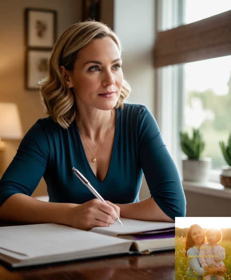 The image should show a calm mother in her mid-30s, sitting in a cozy living room with a warm wooden desk in the background, surrounded by neatly organized financial documents, laptops, and children's artwork, as she looks out the window with a relaxed expression, her hand holding a pen to a planner.