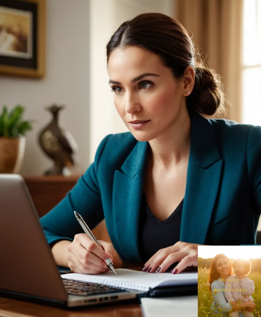 THE IMAGE SHOULD SHOW: A single mother, mid-30s, sitting at a cluttered but organized desk in a cozy living room, surrounded by family photos and financial documents, with a laptop open to a budgeting spreadsheet on the left side, her hands holding a pen and a notebook as she attentively reviews her expenses.