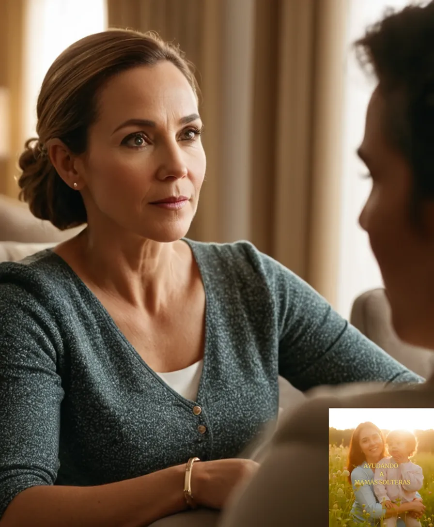 The image should show a warm, golden-lighted photo of a dedicated mother in her mid-thirties, gently sitting on a comfortable couch, surrounded by family photos and financial planners, holding a pen on one hand and giving a sense of gentle security to her young child ( around 4-5 years old) playing quietly nearby.