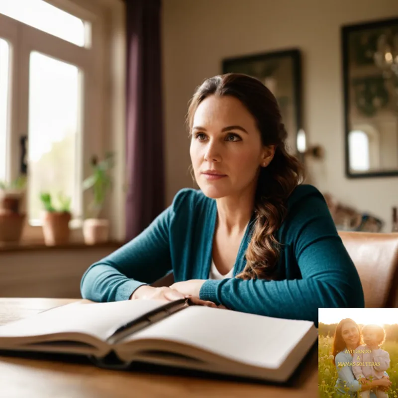 The image should show a warm and inviting photograph of a devoted single mother in her mid-30s sitting at a cluttered but tidy dining table, surrounded by children's toys and bills, carefully holding a budget notebook and pen while looking concerned yet determined, amidst a comfortable home with natural light filtering through the window.