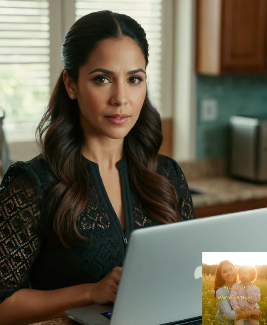 The image should show a realist photograph of a young Latina mother in her mid-30s, standing alone in a quiet living room surrounded by modest kitchen appliances and children's toys, wearing a bright but tired expression on her face as she holds a laptop open to display an Excel spreadsheet with household budget columns.