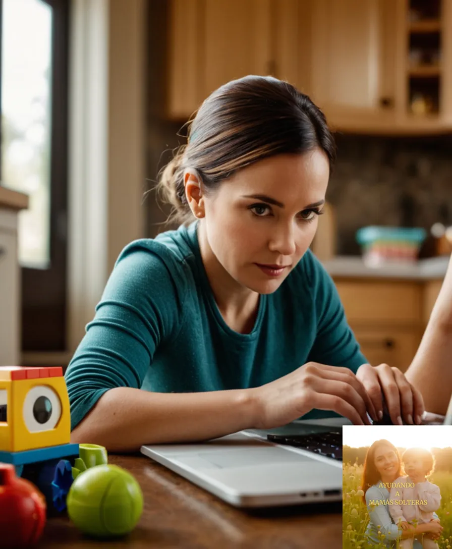 The image should show a warm and intimate photograph of a mother from mid-30s sitting at her cluttered kitchen table, surrounded by children's toys, bills, and notes, carefully reviewing a budget spreadsheet on her laptop while giving gentle attention to her toddler playing with blocks nearby.