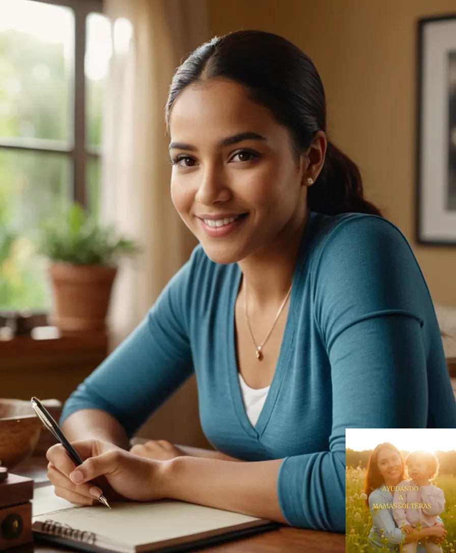 The image should show: A young mother of Latin American descent sitting at a small wooden desk in her modest living room, surrounded by family photos, holding a pen to a budgeting notebook, with a calculator and a smile on her face, amidst warm natural light filtering through the window.