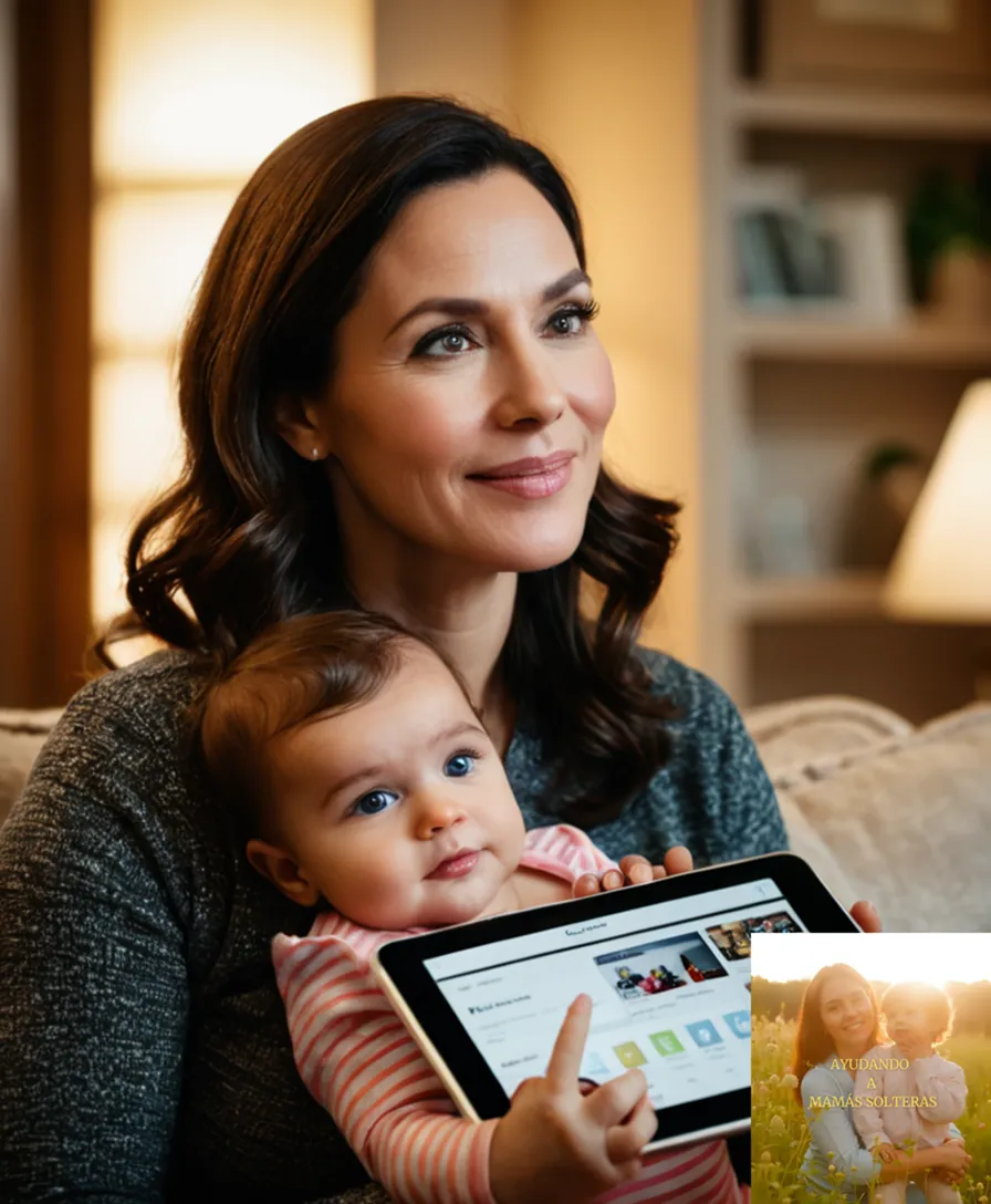 The image should show a middle-aged woman with a warm and gentle smile, sitting in a clutter-free living room with a few family photos and children's toys visible on the shelves, cradling her infant daughter in her arms while holding a tablet displaying a budgeting app.