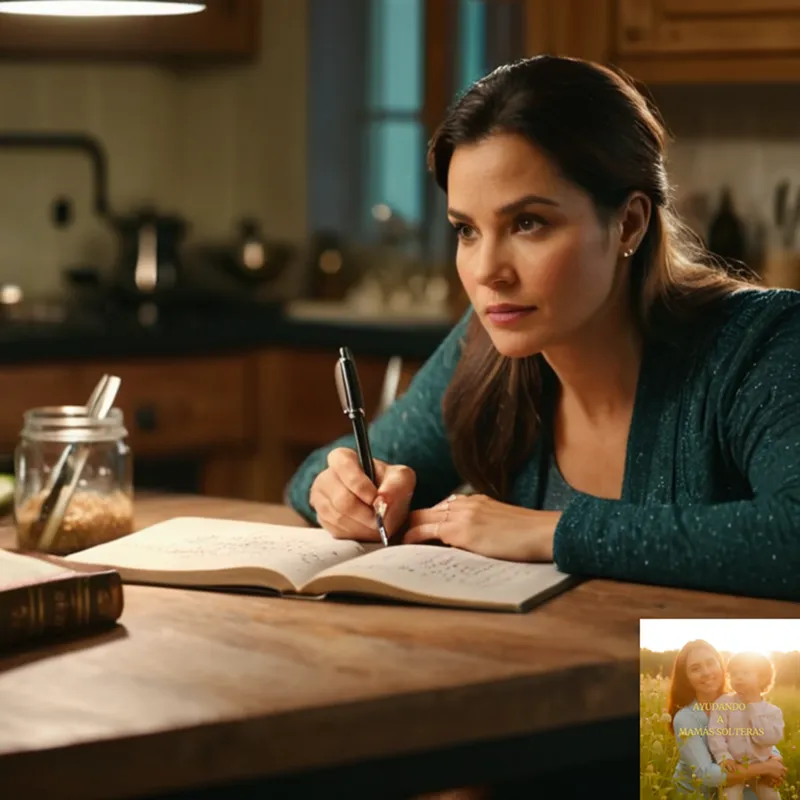 The image should show: A middle-aged mujer soltera sitting at a cluttered kitchen table, surrounded by remnants of a humble meal and worn cookbooks, her expression a mix of determination and worry as she holds a pen to a notebook filled with scribbled column calculations.