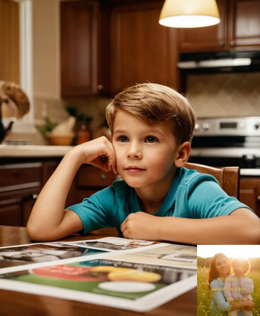 The image should show a young boy, around 6 years old, sitting at a kitchen table with his single mother, surrounded by family photos and colorful artwork he created, while she writes in a budgeting notebook, reflecting on their manageable but tight household expenses amidst a warm, neutral-toned kitchen.