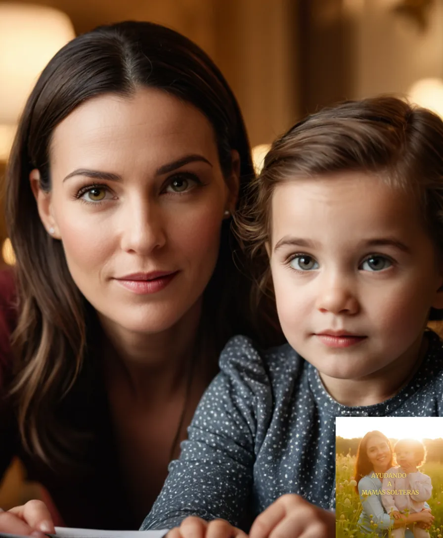 The image should show a warm and intimate photograph of two women in their 30s, one holding a young child on her lap, with a gentle smile on their faces amidst a modest home office setup, surrounded by personal touches and financial planning documents.