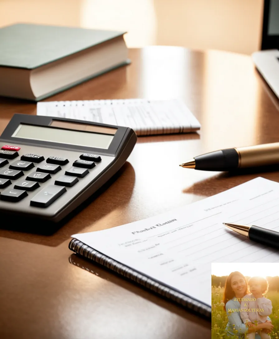 The image should show: A cluttered yet organized desk with a calculator and a notebook, surrounded by everyday household items such as bills, receipts, and children's drawings, against a warm beige background, with soft natural light highlighting a single person's hand cradling a budgeting document.