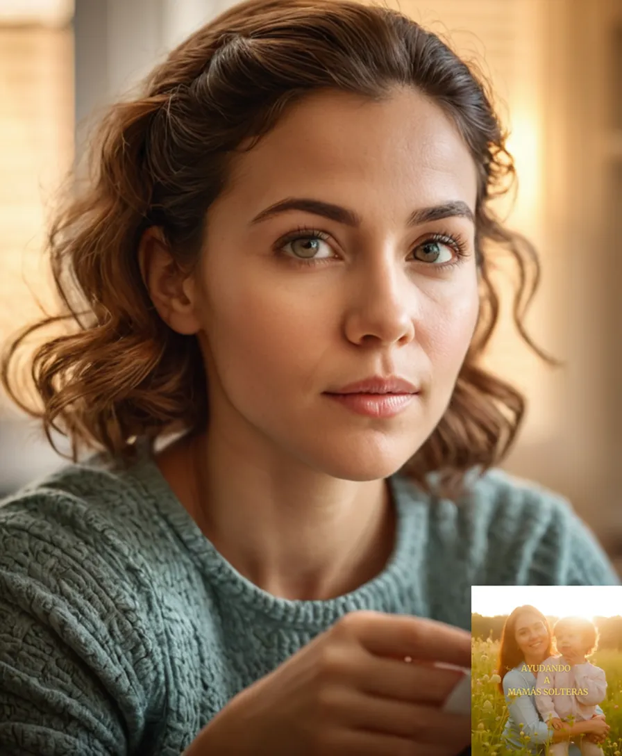 The image should show: A young single mother in her mid-twenties, sitting at a modest kitchen table, surrounded by essential household notes and financial spreadsheets, while holding her toddler close to her, both looking outward with resilience and hope, amidst the warm glow of a domestic morning light.