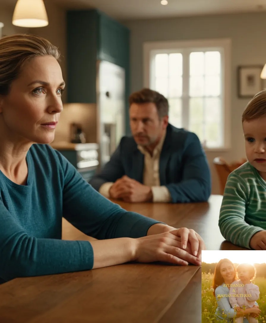 The image should show a tight-fisted father in his late 40s carefully juggling several bills on the kitchen table of a modest dwelling with worn furniture, next to a young mother in her early 30s watching over two small children playing quietly in the background.