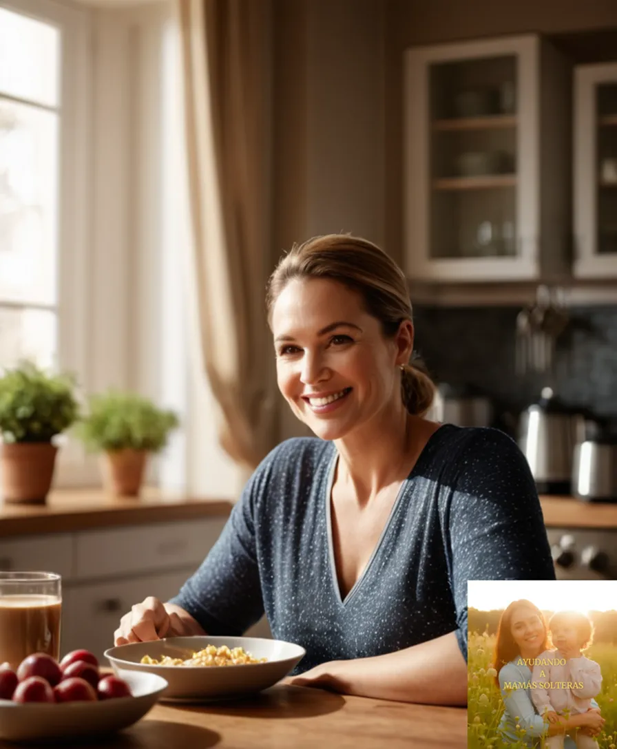The image should show a warm and inviting living room of a small apartment, with a young family's essentials scattered on a clutter-free coffee table, surrounded by the soft glow of a window light streaming through sheer curtains, as a smiling mother cooks dinner in the kitchen background.