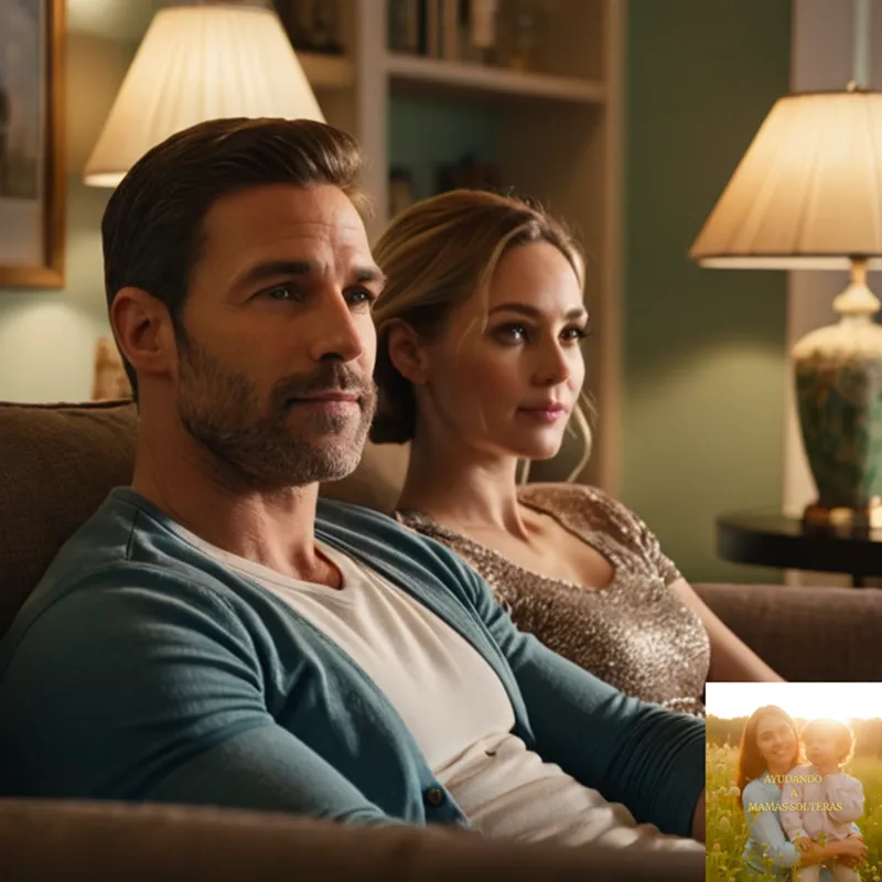 The image should show: A modestly furnished living room of a small household, with neatly stacked bills on a worn coffee table, surrounded by a mix of vintage and low-cost home decor pieces, casting a warm yet anxious evening light on the couple sitting on a couch together.