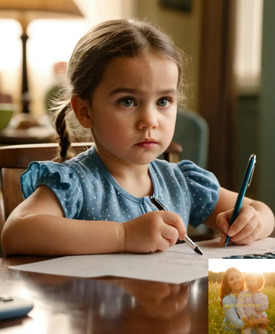 The image should show a photograph of a determined-looking single mother in her mid-30s, sitting at a cluttered kitchen table, surrounded by scattered bills, children's artwork, and a lone toddler peeking out from behind her chair, while holding a pen and calculator with a worried expression.