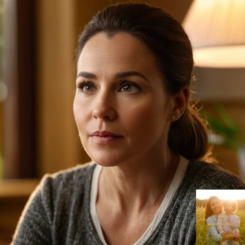 The image should show a warm and intimate scene of a single mother (approximately 40-45 years old) sitting at a wooden kitchen table with her two children (ages 8 and 11), who are looking up at her expectantly, in front of a simple yet welcoming living room background lit by natural soft evening light coming from a nearby window.