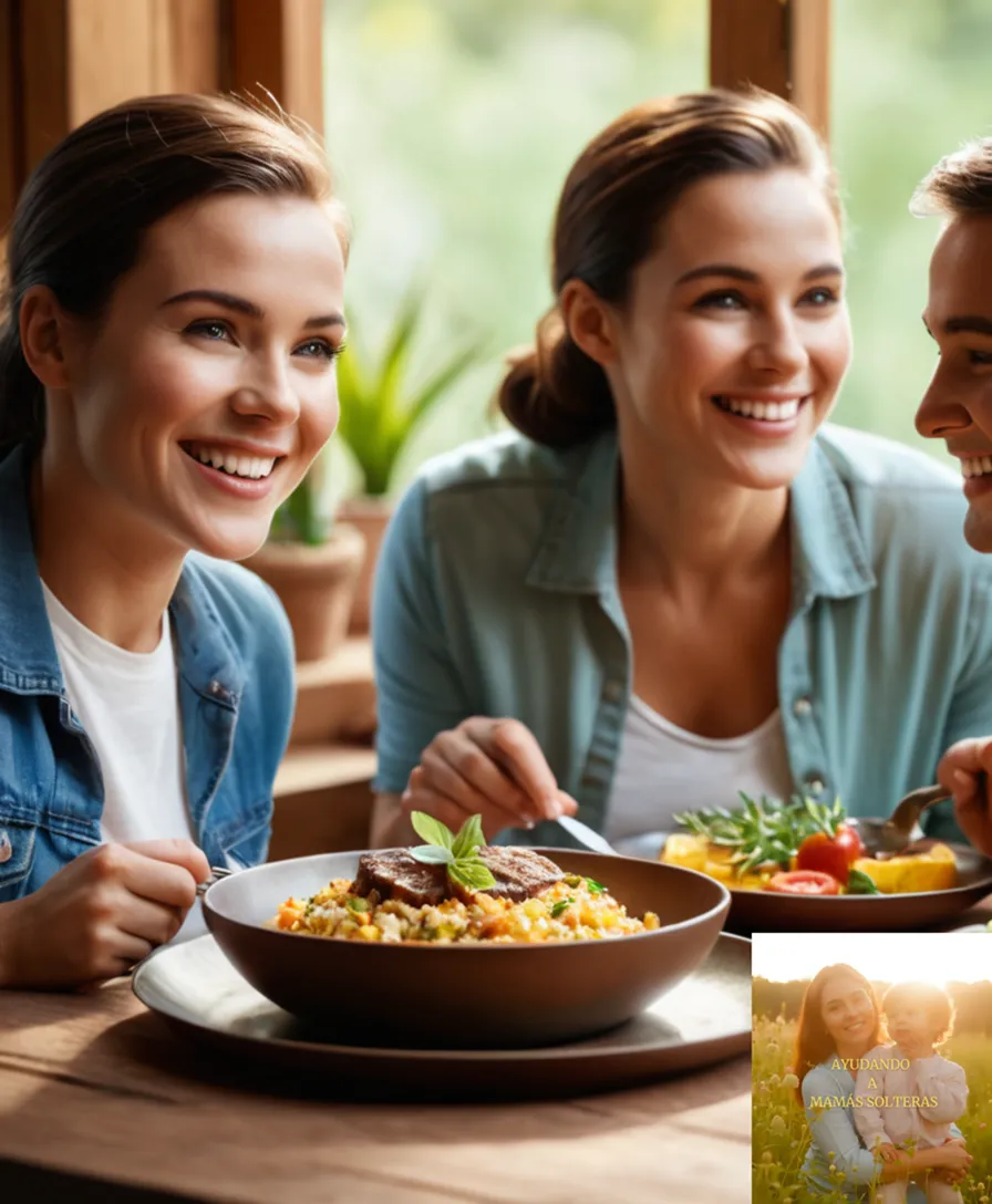 The image should show: A happy family of four eating colorful and vibrant dishes on a wooden table, surrounded by small plants and homemade decorations, their smiling faces illuminated by warm sunlight streaming through an open window, amidst a humble yet clean household filled with laughter.