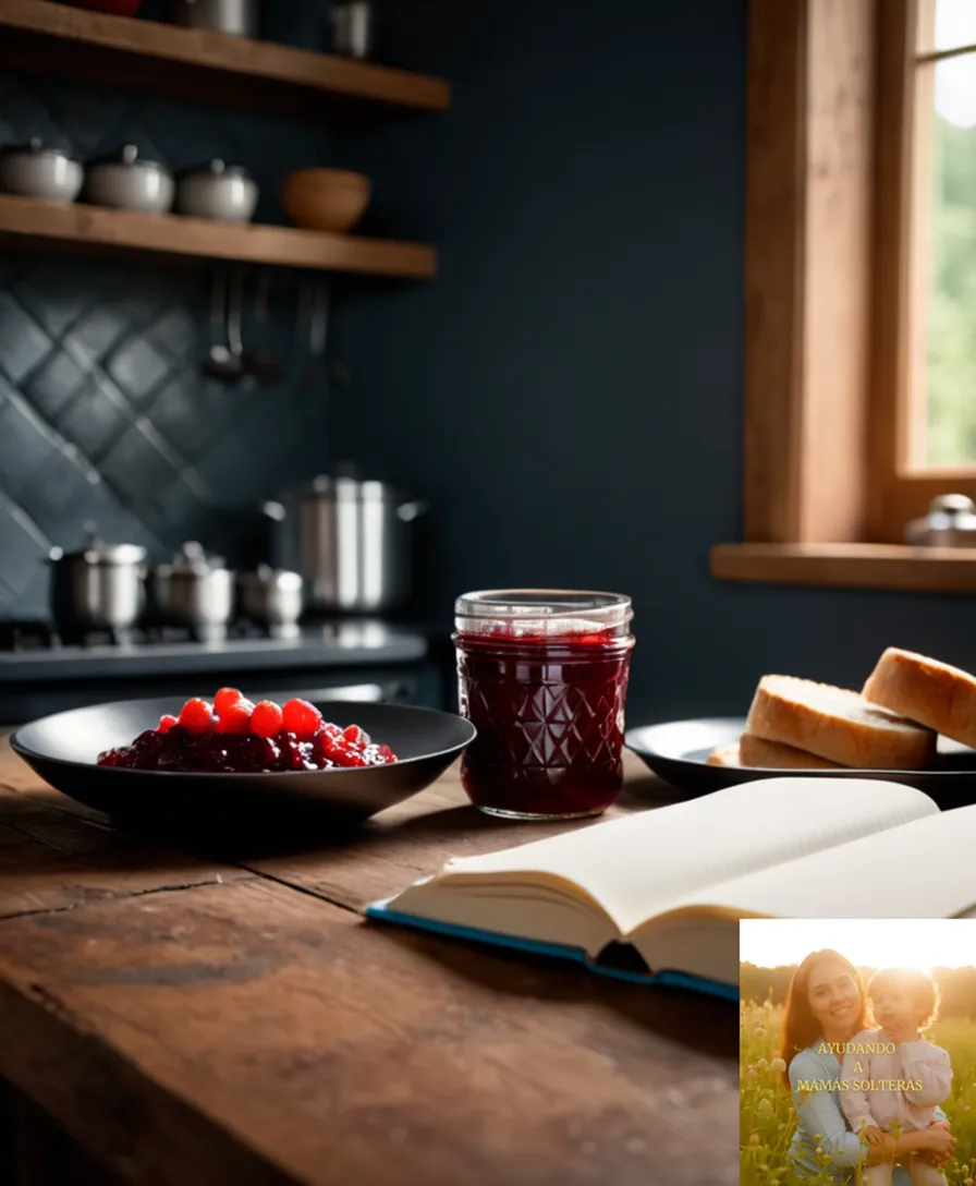 The image should show: a wholesome kitchen scene with various colorful ingredients, cooking essentials, and family-friendly recipes laid out on a rustic wooden table, accompanied by two small empty plates, a jar of homemade jam, and a pencil-written notebook in the background.
